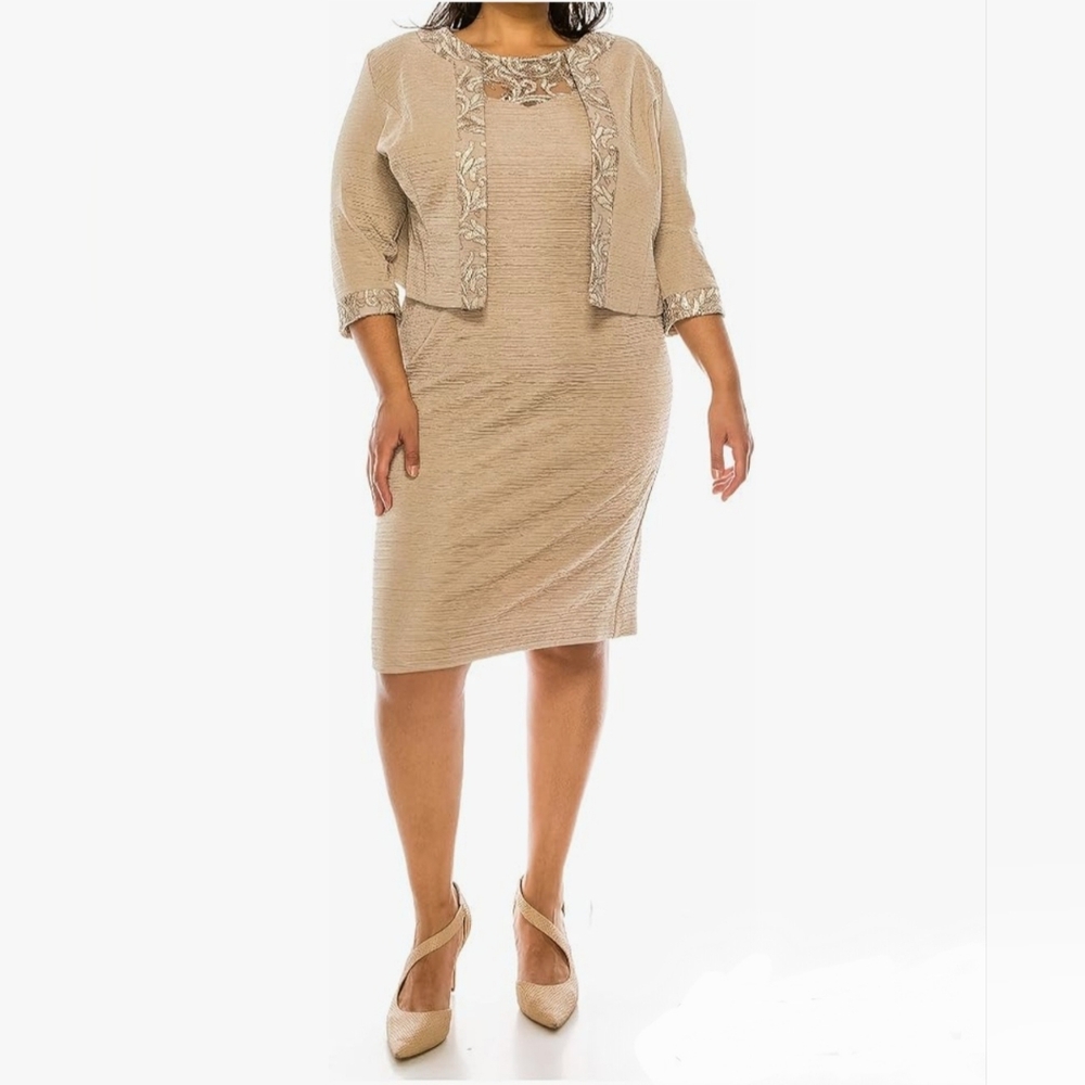 NWT Brianna Milay Textured Sheath Dress With Matching Jacket 14W Almond 29119